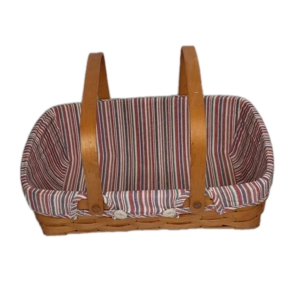 Vtg 90s Longaberger Med Gathering Basket Double Handle Nautical Striped Liner